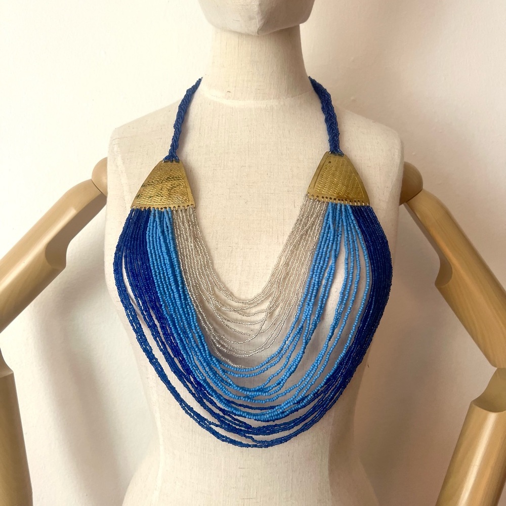 90’s VINTAGE Statement Bib Elegant Blue and Brass Hand Seed Beaded Necklace
